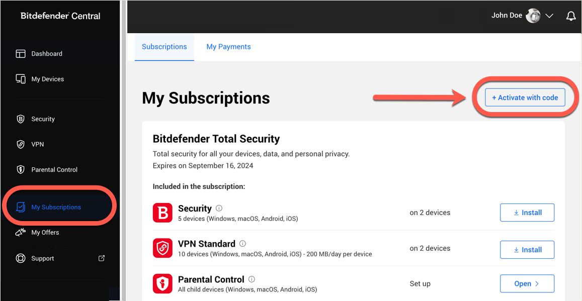 Mijn abonnementen - het Bitdefender-abonnement verlengen